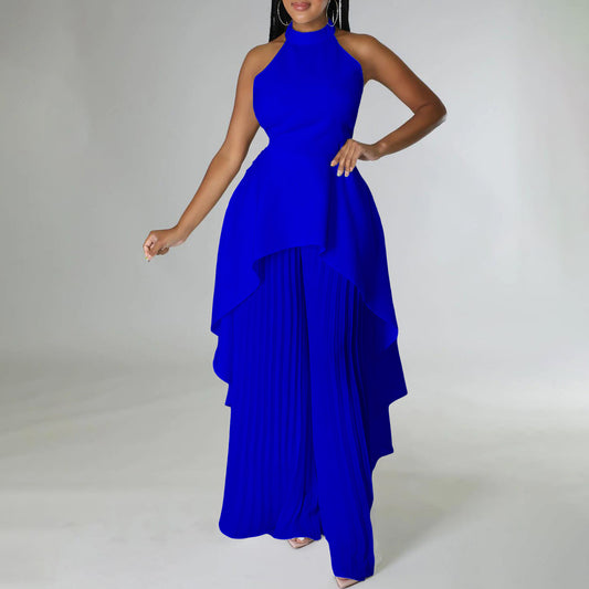 Backless Top Pleated Wide Leg Pants Suit