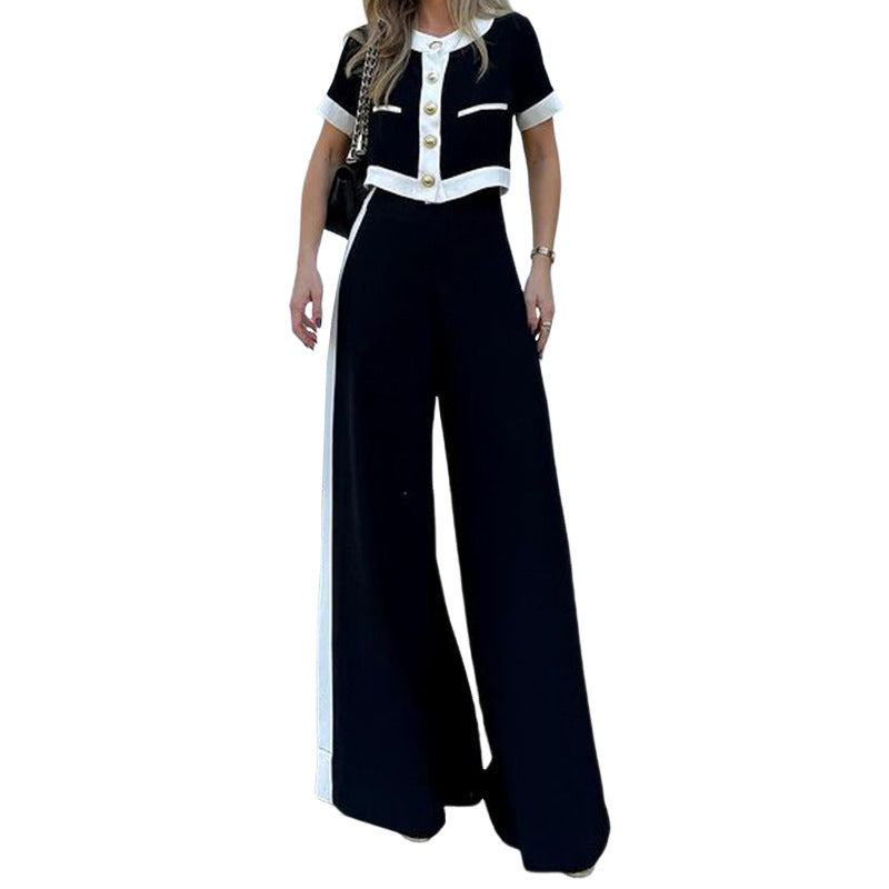 Women's Short-Sleeve Top and Straight Pants Suit