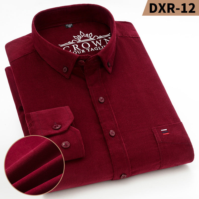 Men's Cotton Corduroy Long Sleeve Shirt Solid Color Casual Business Button-Up