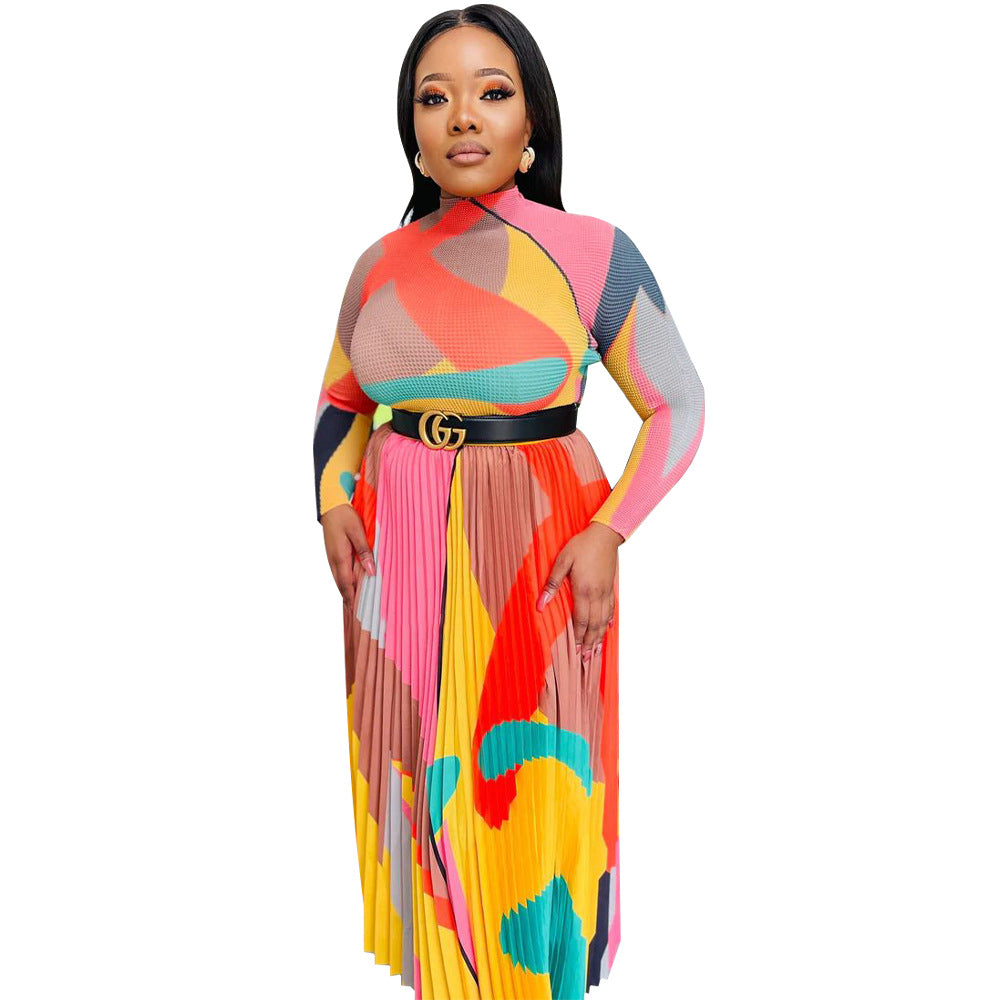 Long Sleeve Printed Pleated Two-Piece Dress Set