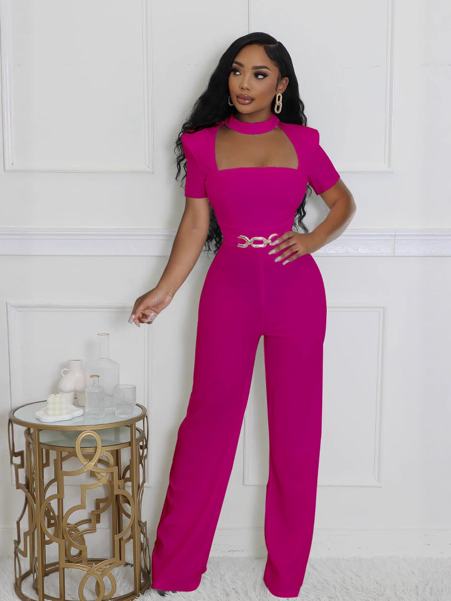 Elegant Short-Sleeve Wide-Leg Jumpsuit with Scarf