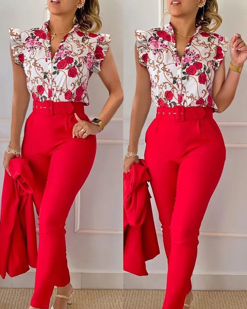 Fashion Printed Lotus Sleeve Top and Pants