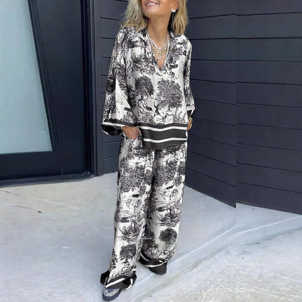 Women's Striped Long Sleeve Shirt and Wide Leg Pants Set