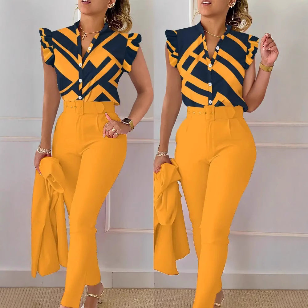 Fashion Printed Lotus Sleeve Top and Pants