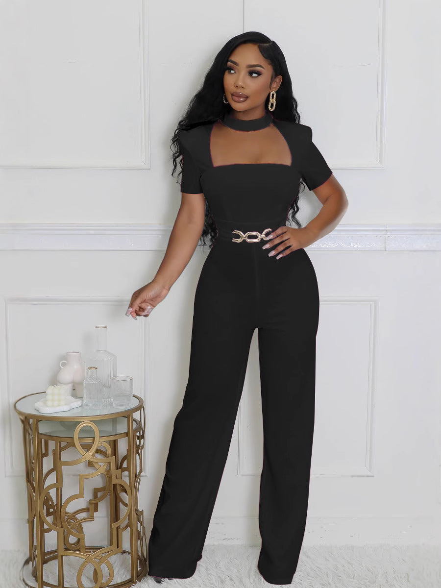 Elegant Short-Sleeve Wide-Leg Jumpsuit with Scarf