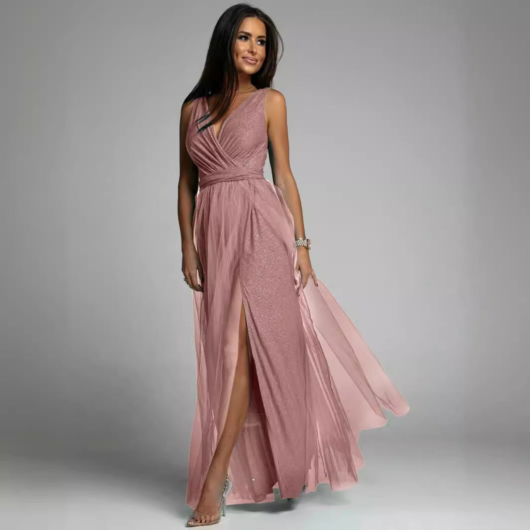 Sparkling V-neck Evening Dress with Slit