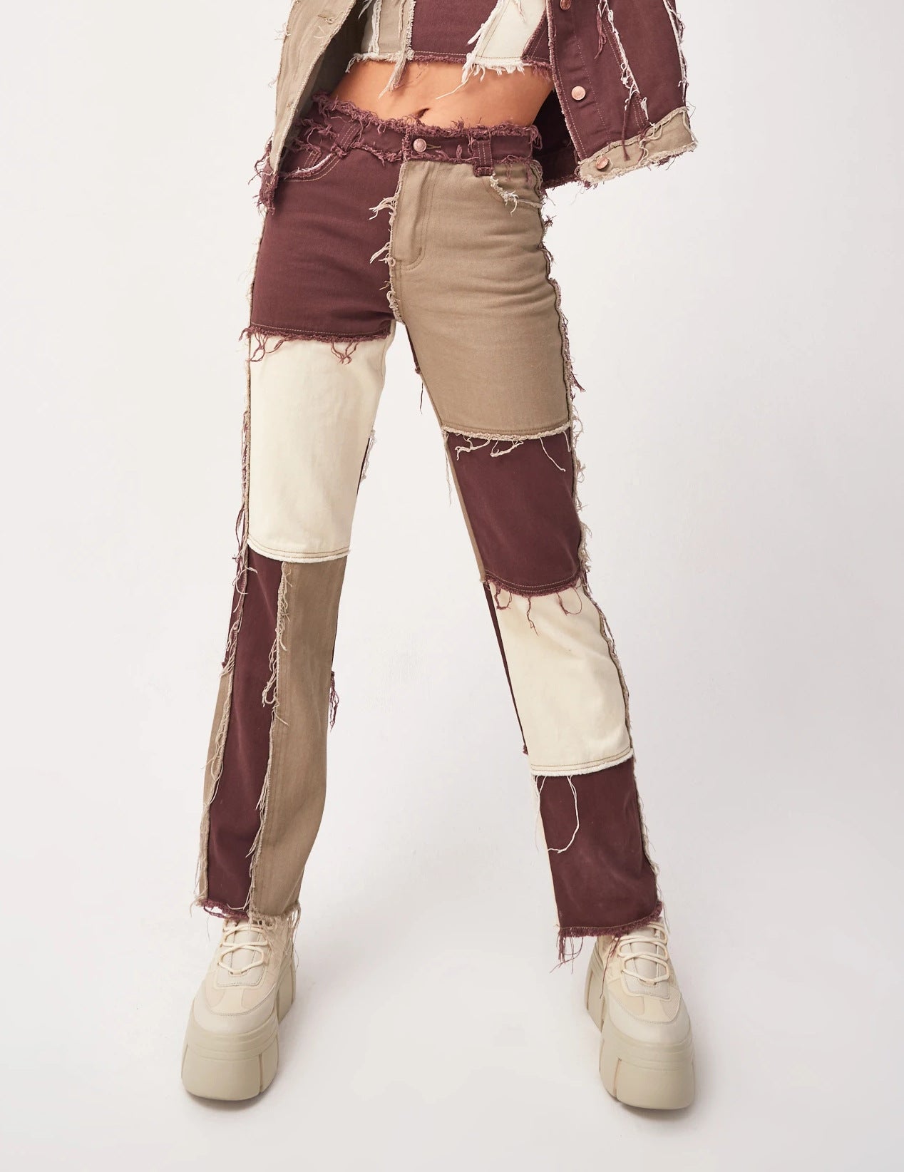 Mixed-color patched straight-leg denim pants