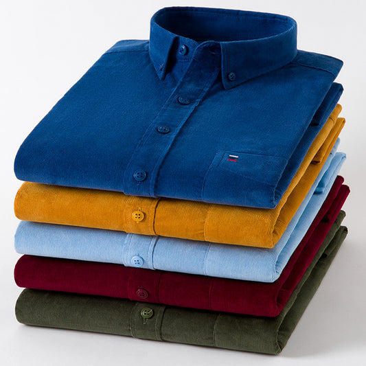 Men's Cotton Corduroy Long Sleeve Shirt Solid Color Casual Business Button-Up