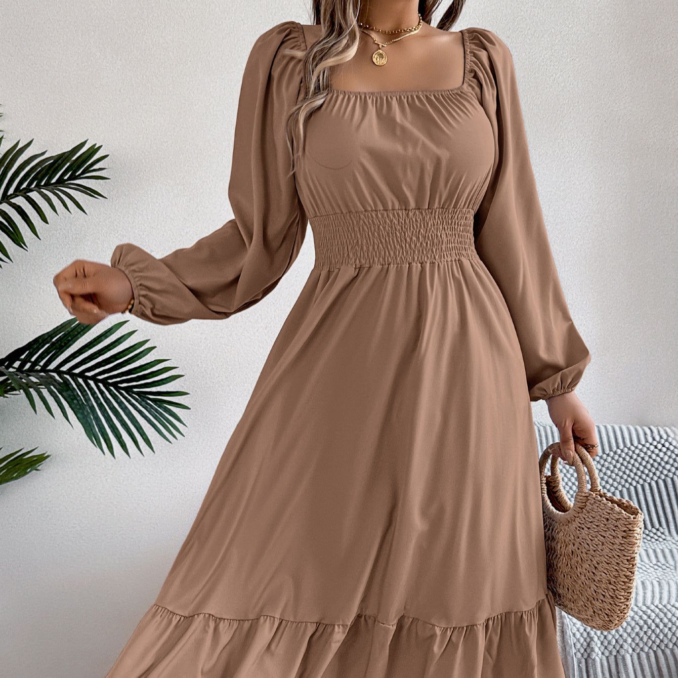 Casual Solid Color Square Neck Long Sleeve A-Line Dress