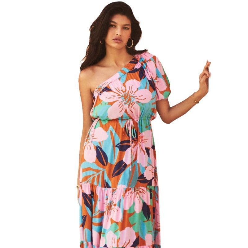 Women's Floral Oblique Shoulder Long Dress