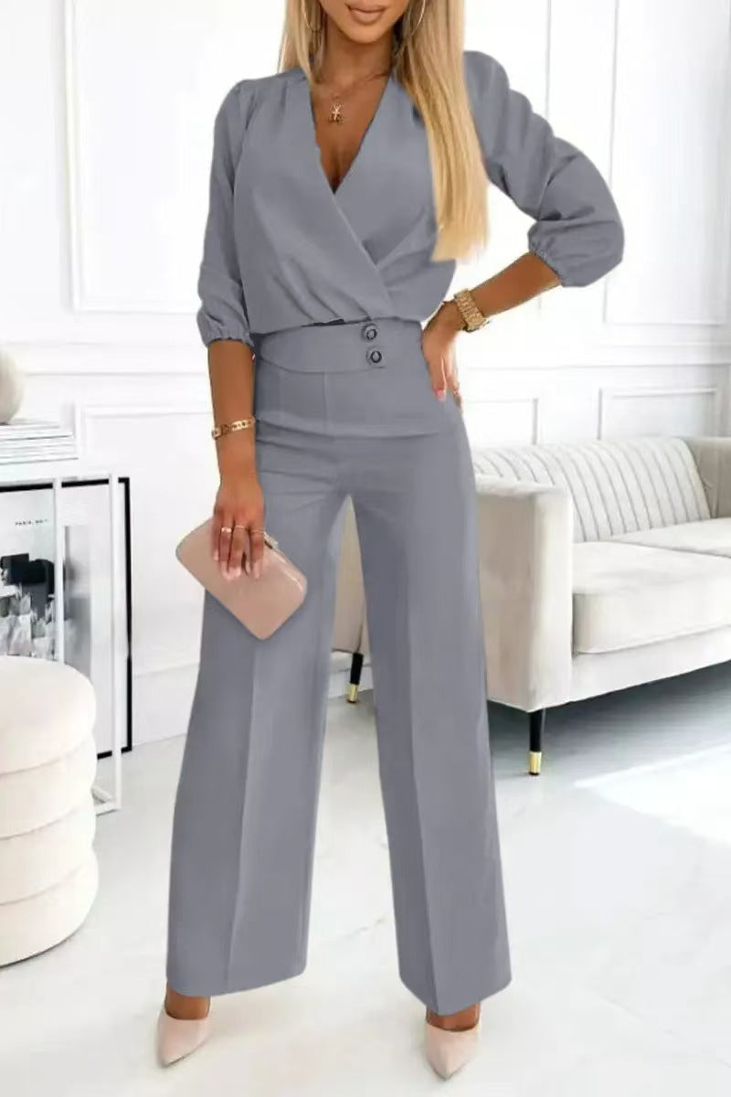 Women's Casual V-Neck Two-Button Pants Suit