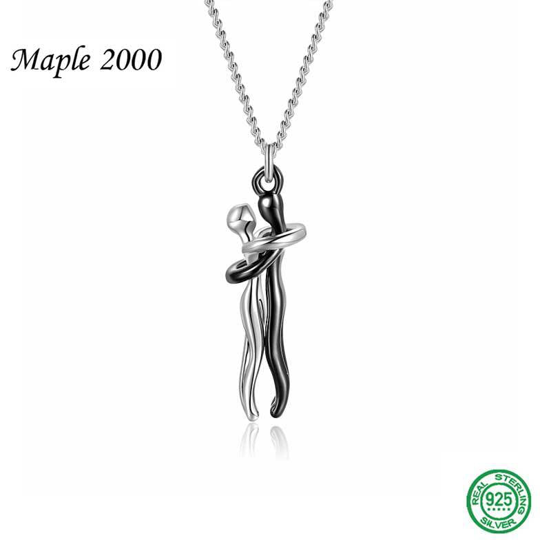 Couple Hug Pendant Necklace in Gold Silver Rose Gold Black