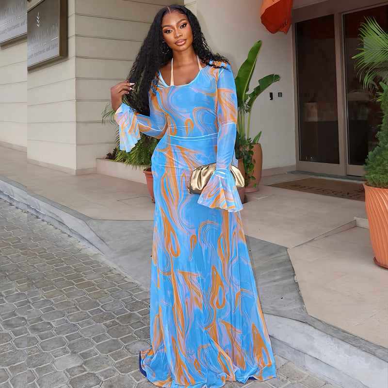 Slim Fit Tie-Dye Print Long Sleeve Dress