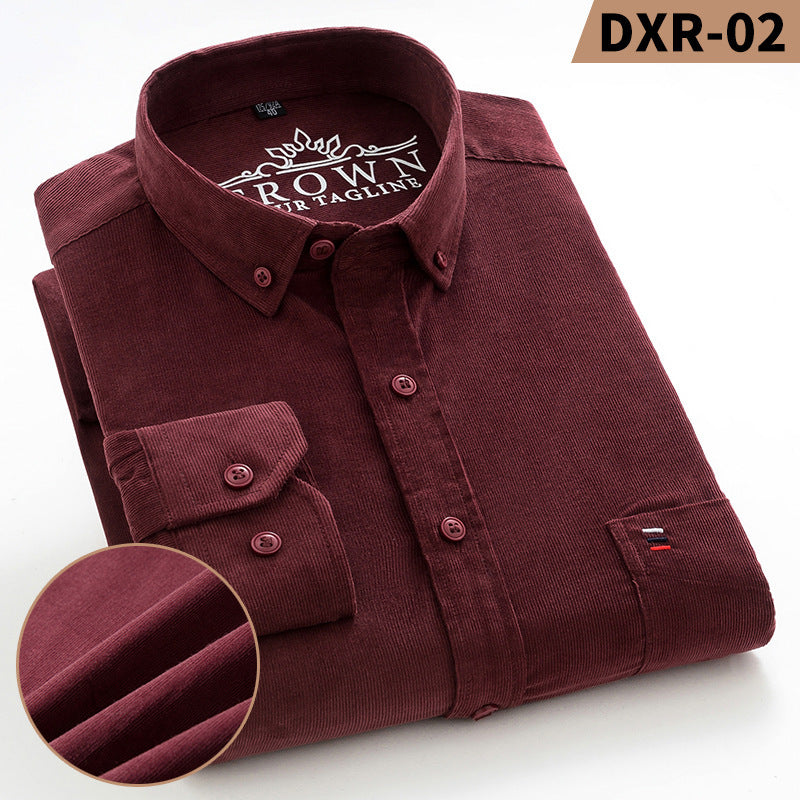 Men's Cotton Corduroy Long Sleeve Shirt Solid Color Casual Business Button-Up