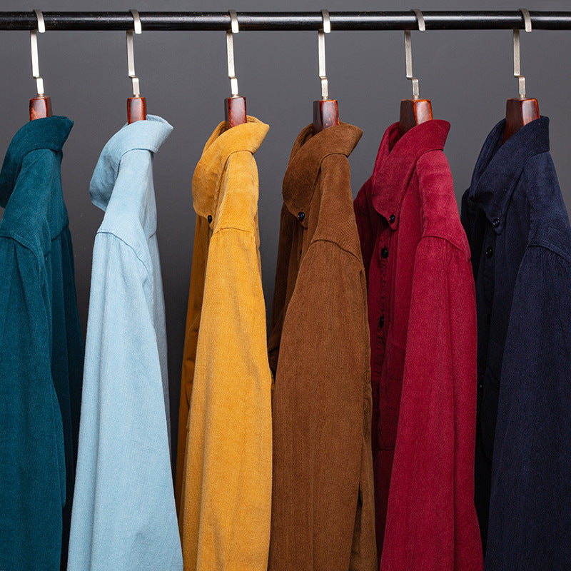 Men's Cotton Corduroy Long Sleeve Shirt Solid Color Casual Business Button-Up