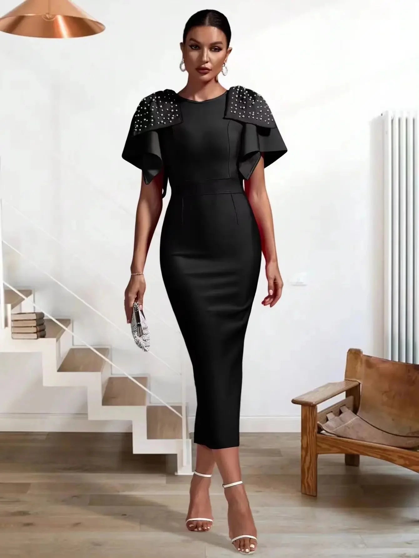 Fashionable heavy industry beaded, cinched waist, tight bandage dress, long dress, evening gown