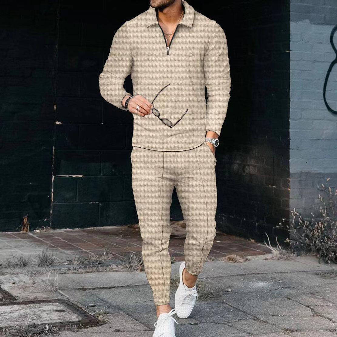 Men's Textured Long Sleeve Polo and Pants