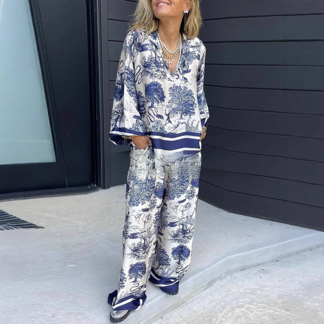 Women's Striped Long Sleeve Shirt and Wide Leg Pants Set