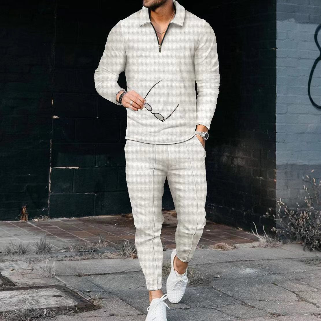 Men's Textured Long Sleeve Polo and Pants