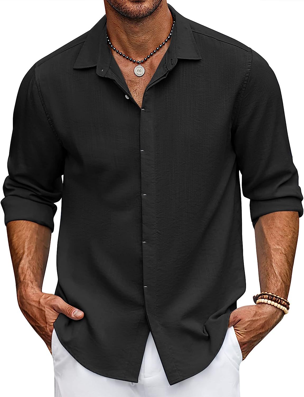 Solid-color collarless shirt