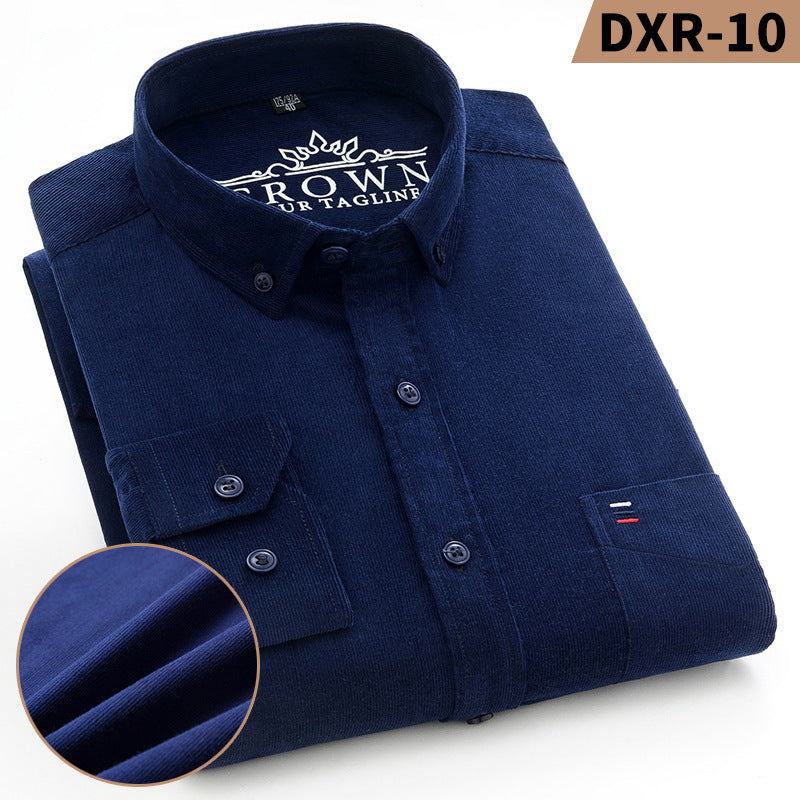 Men's Cotton Corduroy Long Sleeve Shirt Solid Color Casual Business Button-Up