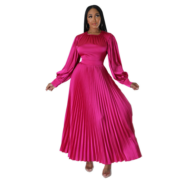 Pleated Round Neck Long Dress