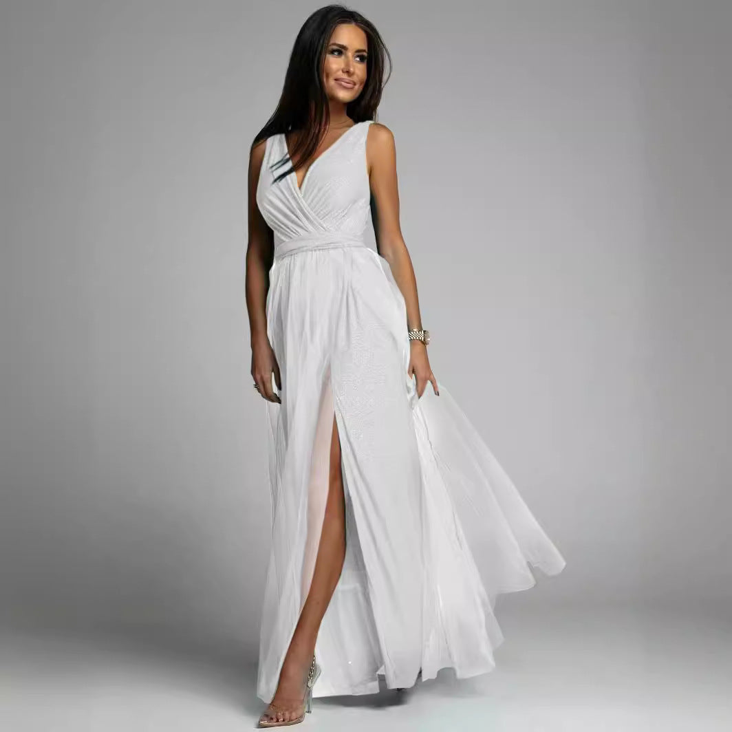 Sparkling V-neck Evening Dress with Slit