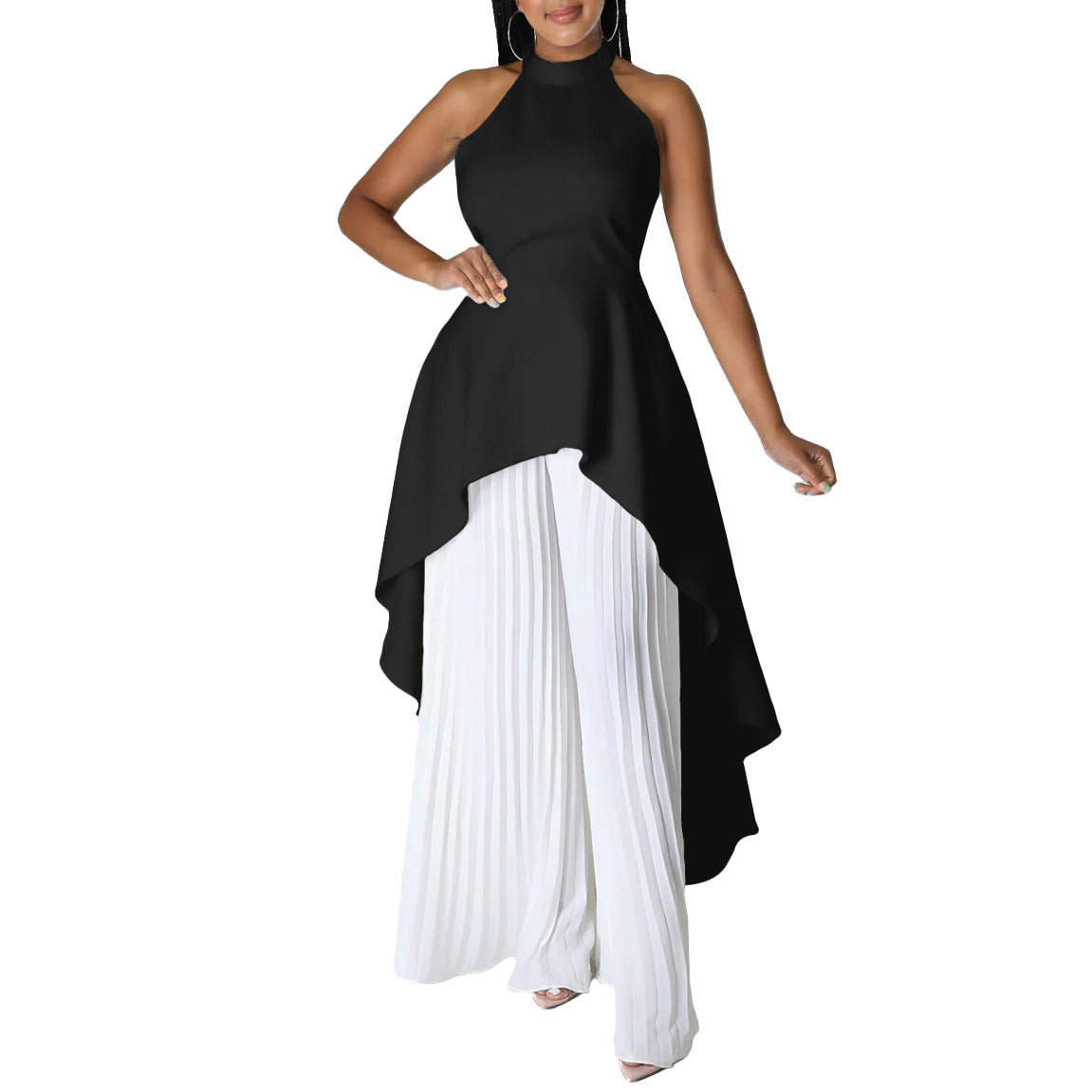 Backless Top Pleated Wide Leg Pants Suit