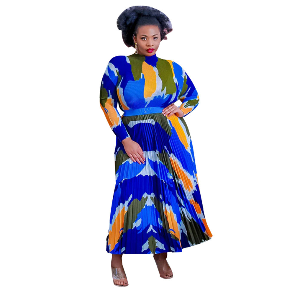 Long Sleeve Printed Pleated Two-Piece Dress Set