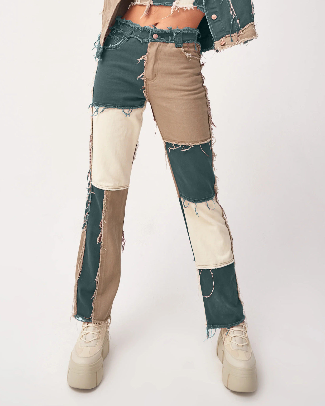 Mixed-color patched straight-leg denim pants