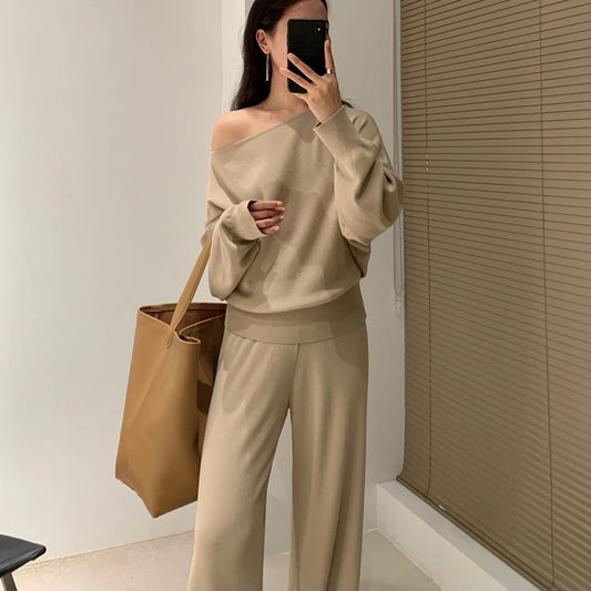 Women's Knitted Two-Piece Set with Off-Shoulder Top and Wide-Leg Pants