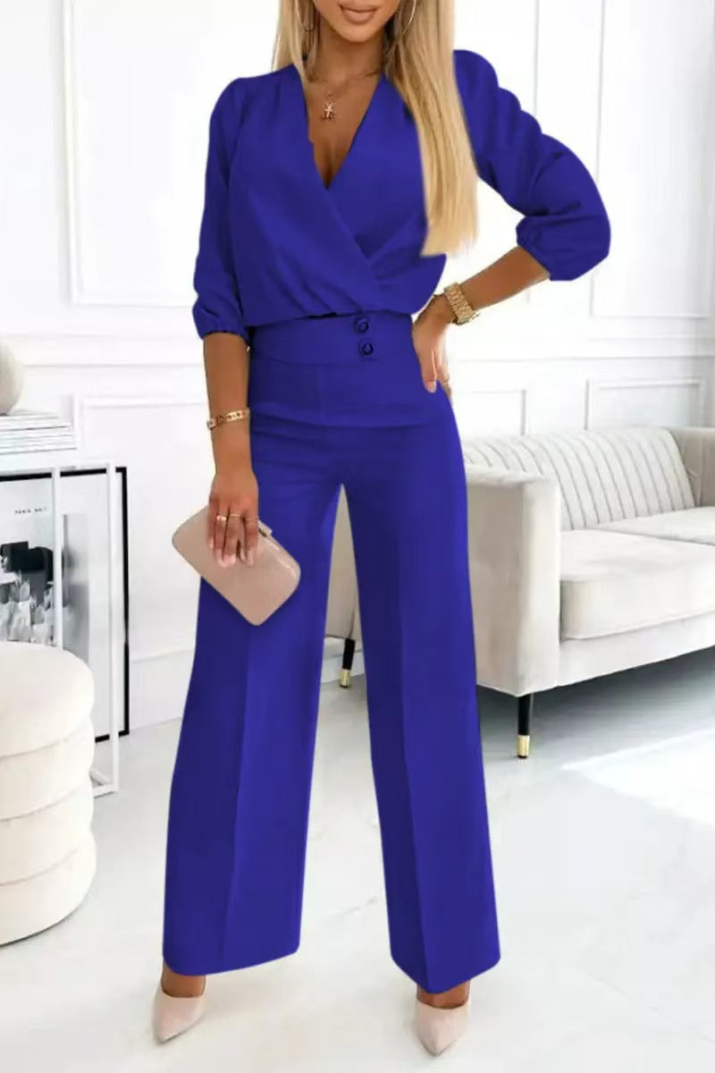 Women's Casual V-Neck Two-Button Pants Suit