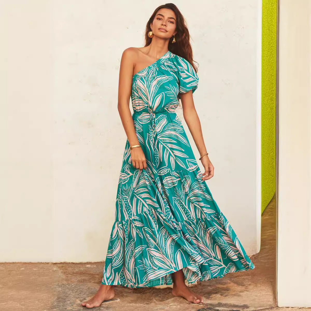 Women's Floral Oblique Shoulder Long Dress