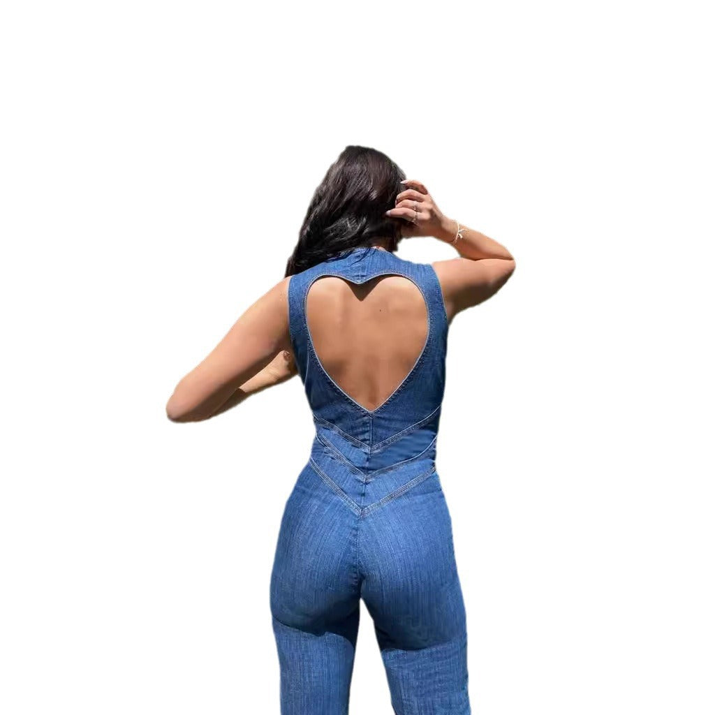 Shirring sleeveless high-waisted denim jumpsuit