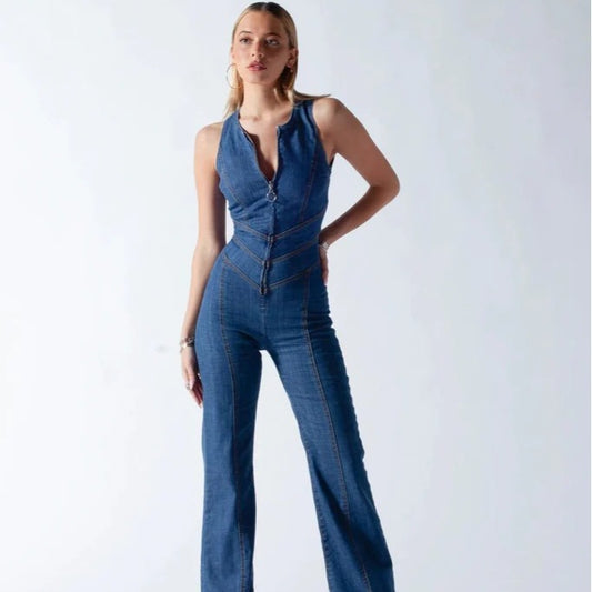 Shirring sleeveless high-waisted denim jumpsuit