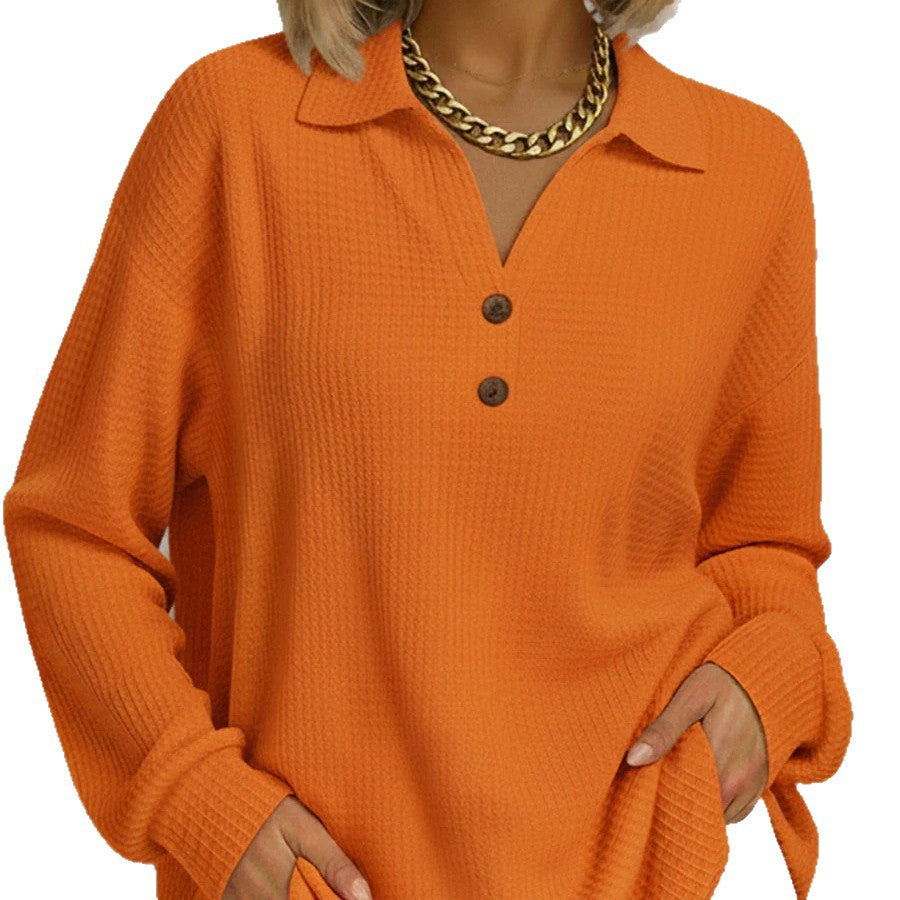 Waffle Texture V-Neck Long Sleeve Shirt