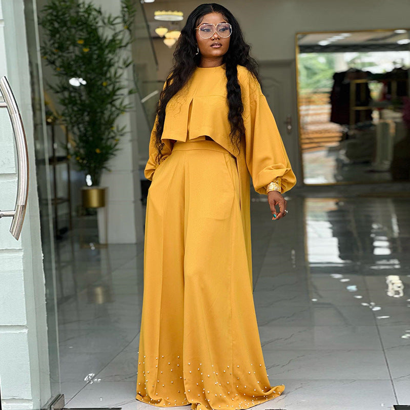 Women's Lantern Sleeve Top and Wide-Leg Pants Suit