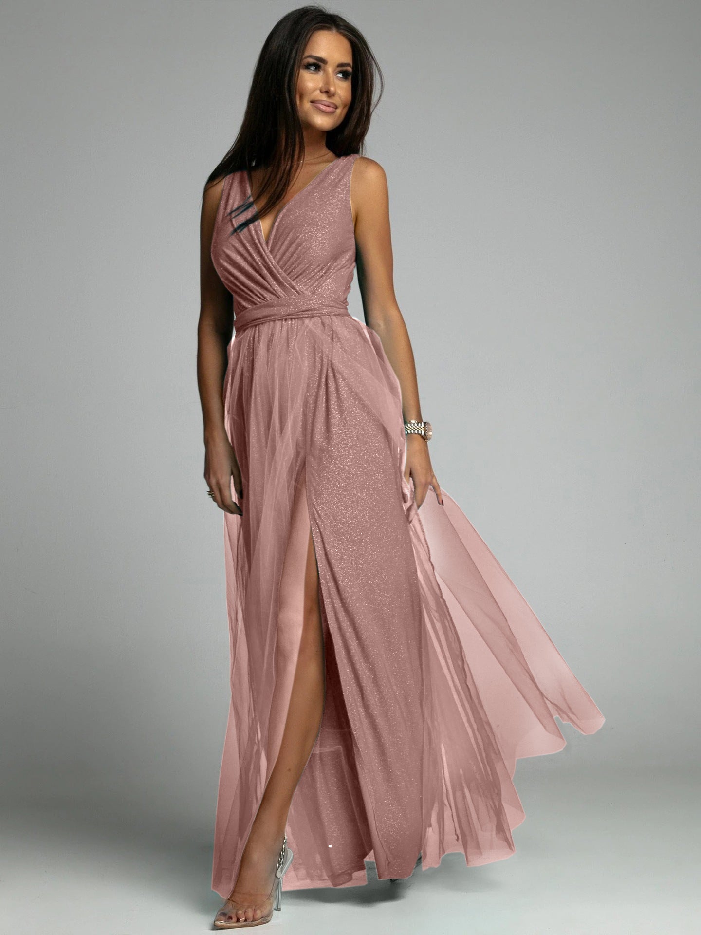 Sparkling V-neck Evening Dress with Slit