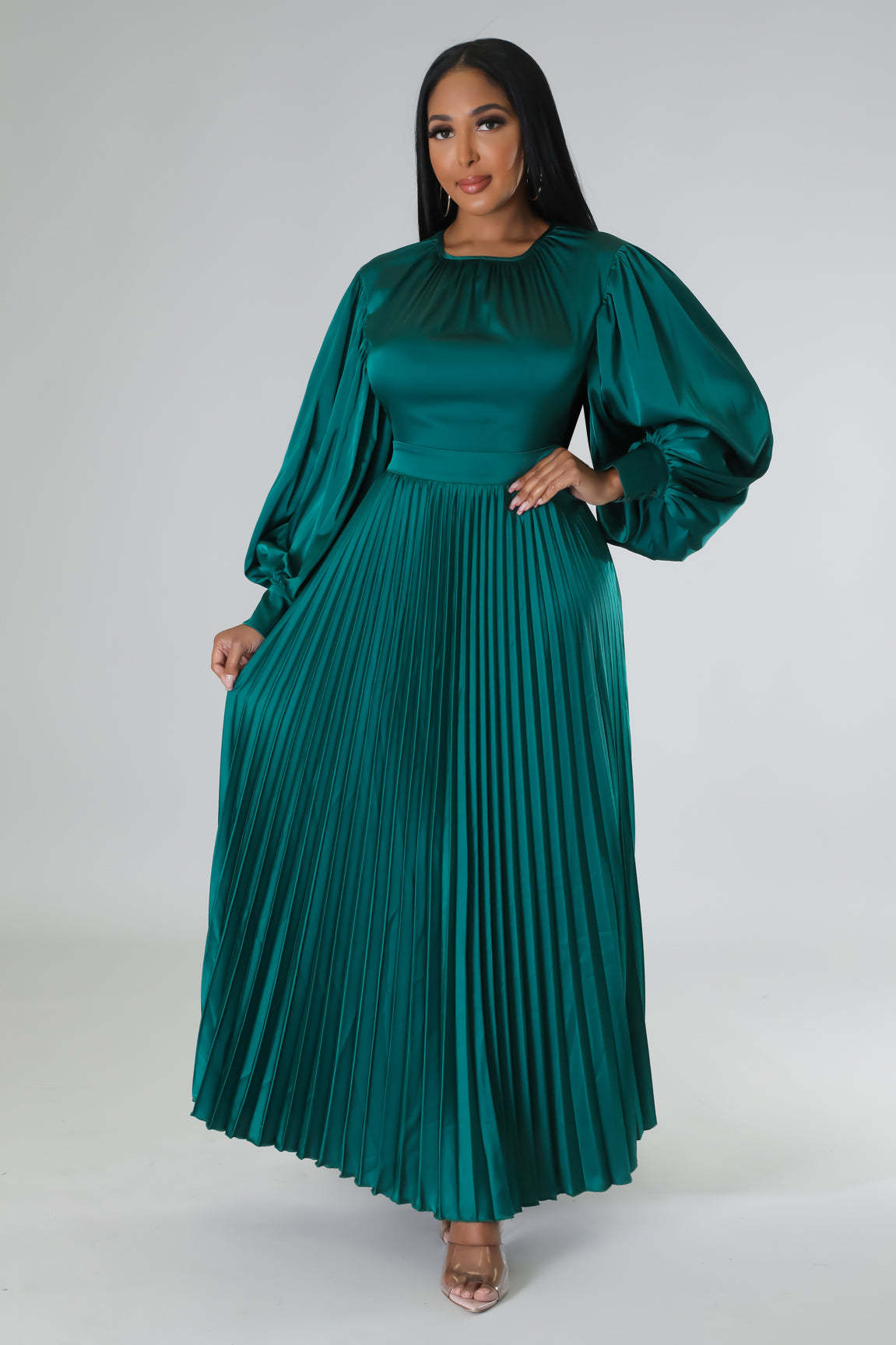 Pleated Round Neck Long Dress