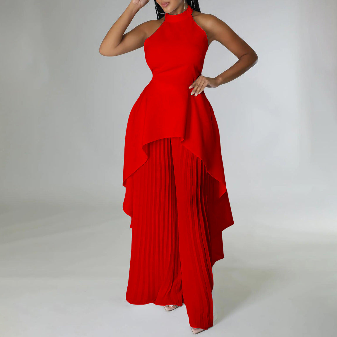 Backless Top Pleated Wide Leg Pants Suit