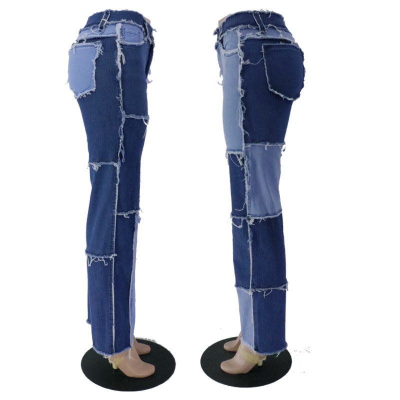 Mixed-color patched straight-leg denim pants