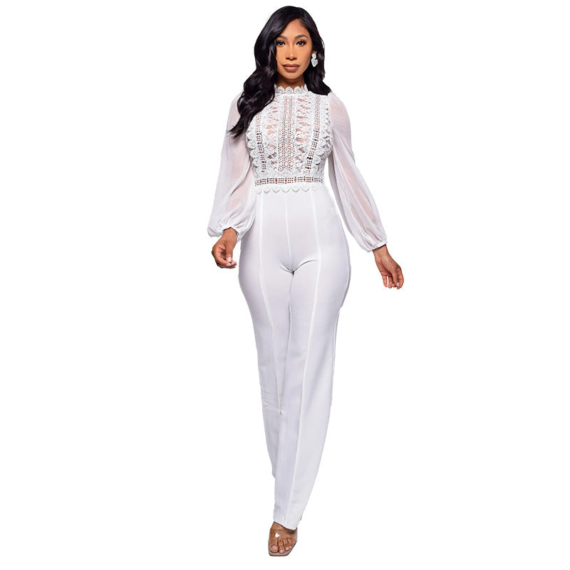 Women's High Collar Lace Chiffon Jumpsuit