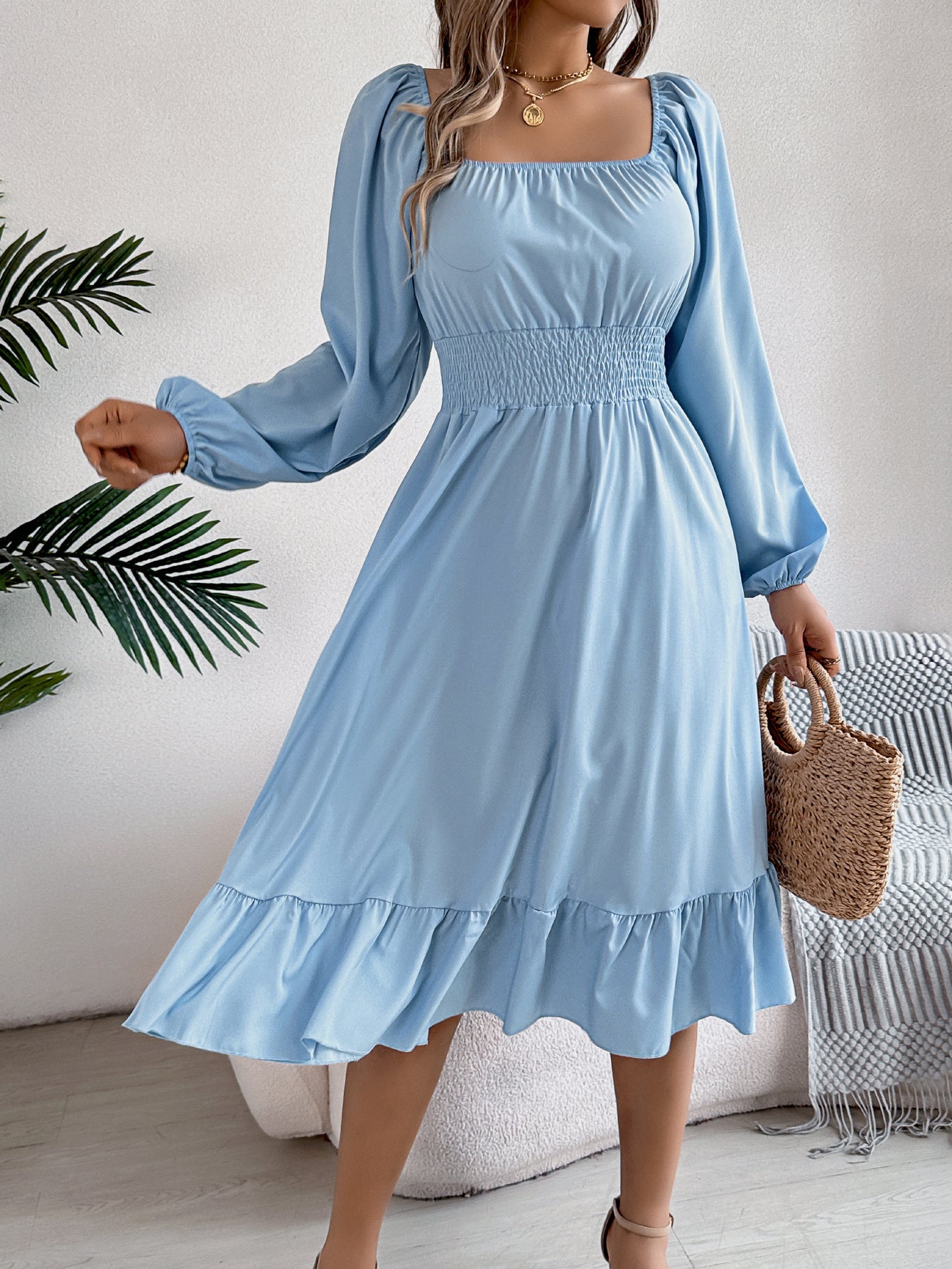 Casual Solid Color Square Neck Long Sleeve A-Line Dress