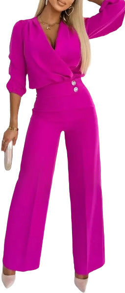 Women's Casual V-Neck Two-Button Pants Suit