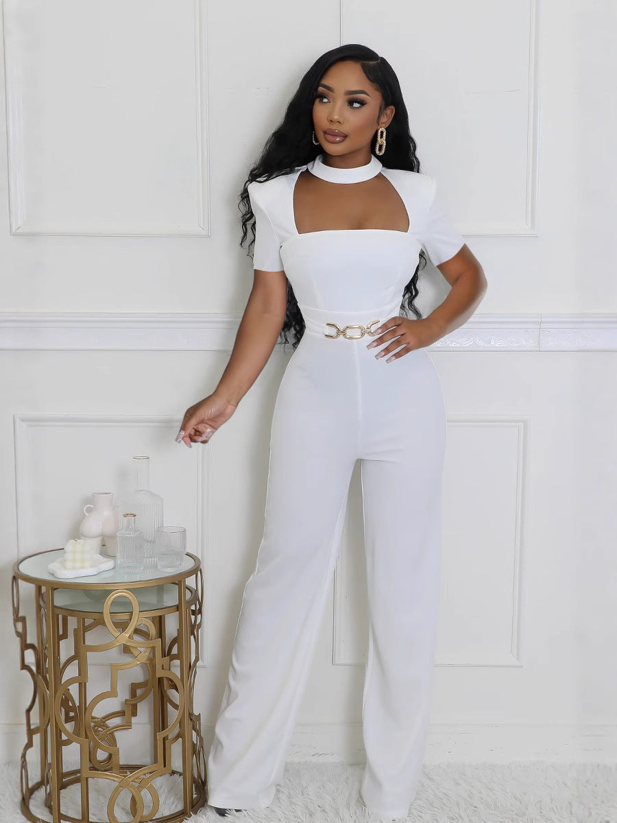 Elegant Short-Sleeve Wide-Leg Jumpsuit with Scarf