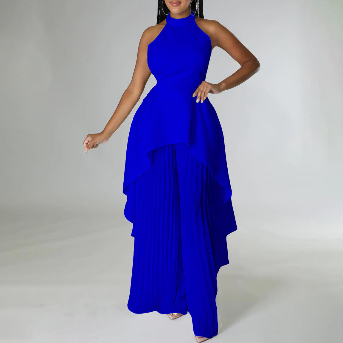 Backless Top Pleated Wide Leg Pants Suit