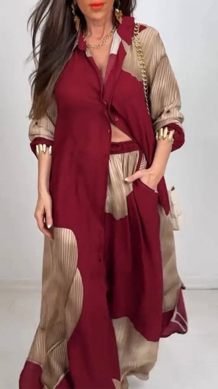 Women's Printed Cardigan and Pants Casual Suit