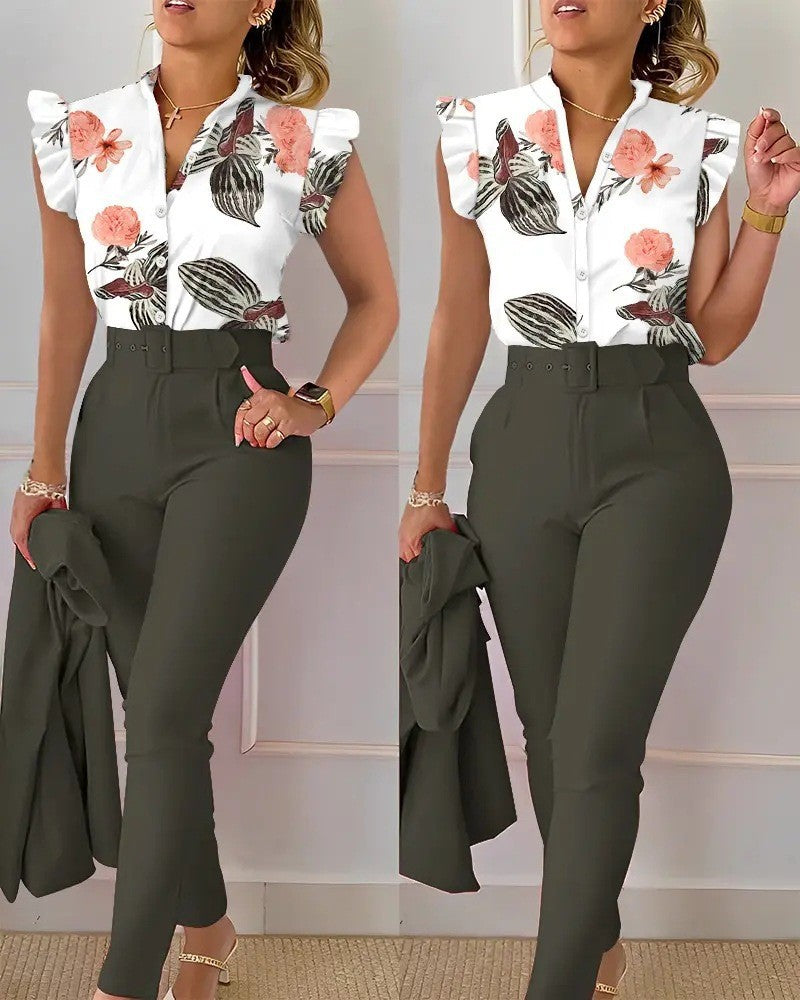 Fashion Printed Lotus Sleeve Top and Pants