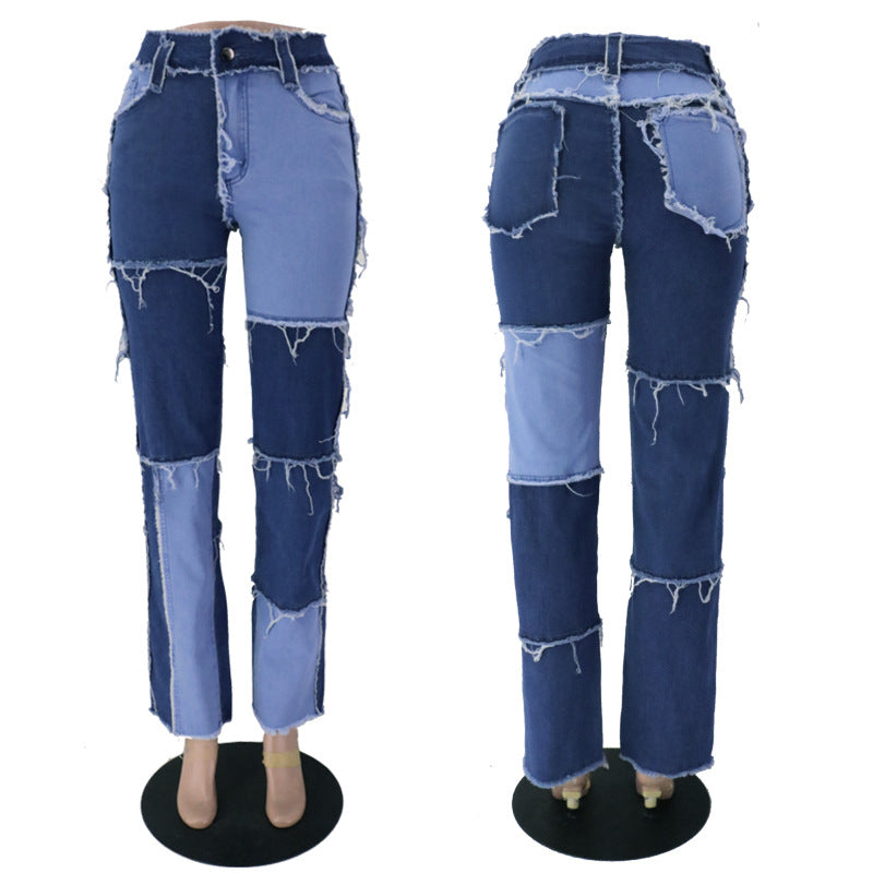 Mixed-color patched straight-leg denim pants