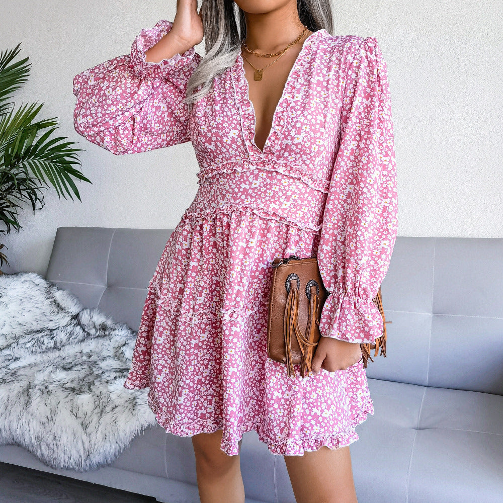 Floral V-Neck Chiffon Dress with Bell Sleeves